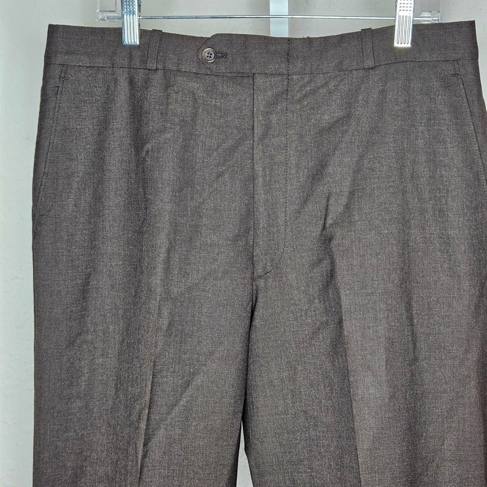 Cricketeer Men's 100% Wool Dress Trousers Brown Charcoal Cuffed Flat Front Waist - Picture 3 of 7